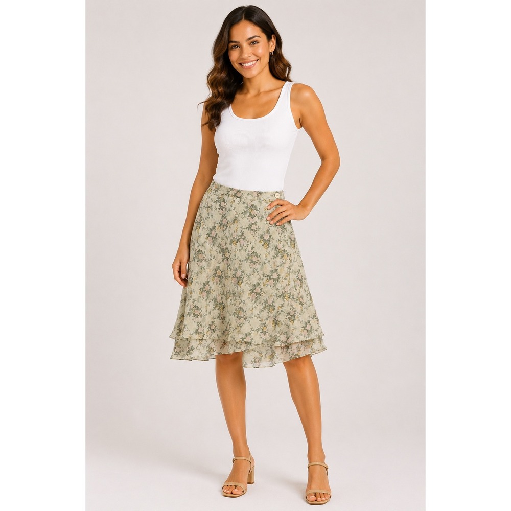 Y2K Compagnie Internationale Express Tiered Skirt L Green Chiffon‎ Cottagecore
